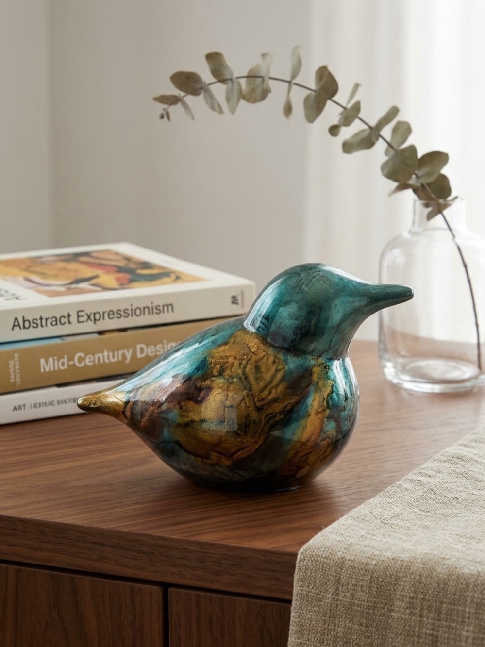 Modern Abstract Ceramic Bird Figurine Teal Gold Metallic Glaze Decor